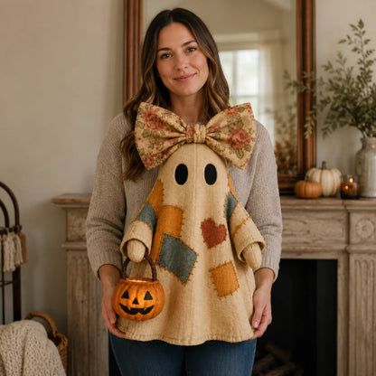🎃✨Beleuchteter Vintage Patchwork-Geist – Halloween Deko mit warmem Licht, Batteriebetrieb, Farmhouse-Stil