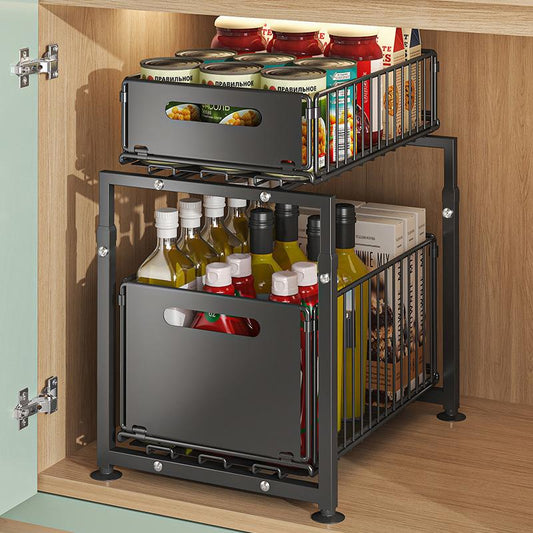 💪🥫 BLITZANGEBOT 46% RABATT! Doppelstöckiges Ausziehregal Schrankorganizer – 5 Höhenstufen, 2 Ebenen, Kohlenstoffstahl, Große Kapazität, Keine Montage ✨